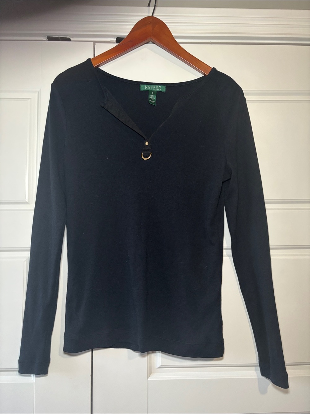 Lauren Ralph Lauren Black Long-Sleeve Top with Small Gold Ring Accent